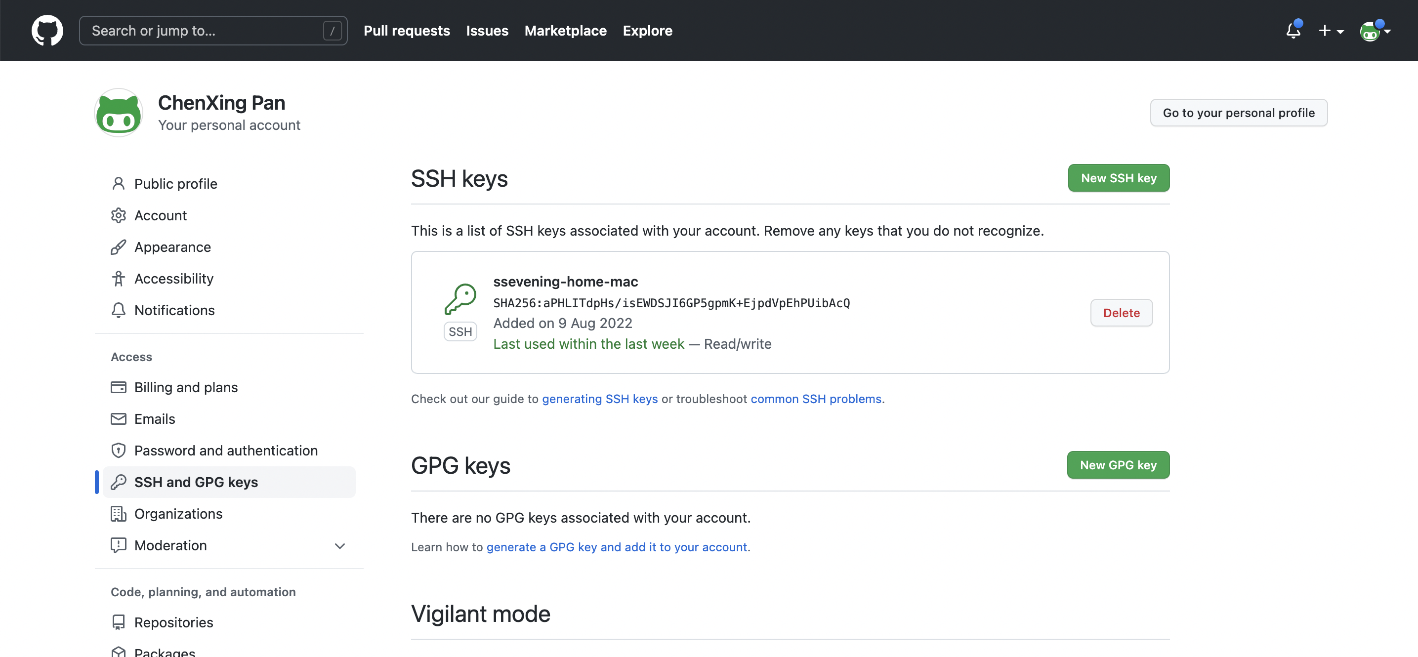 github ssh key 设置页面