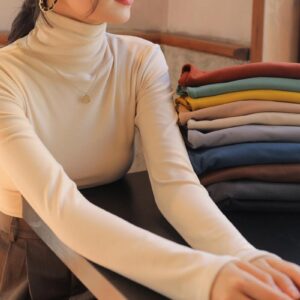 Solid color German velvet pile high collar bottoming shirt for women to wear autumn and winter plus velvet thickened long-sleeved bottoming shirt tight T-shirt