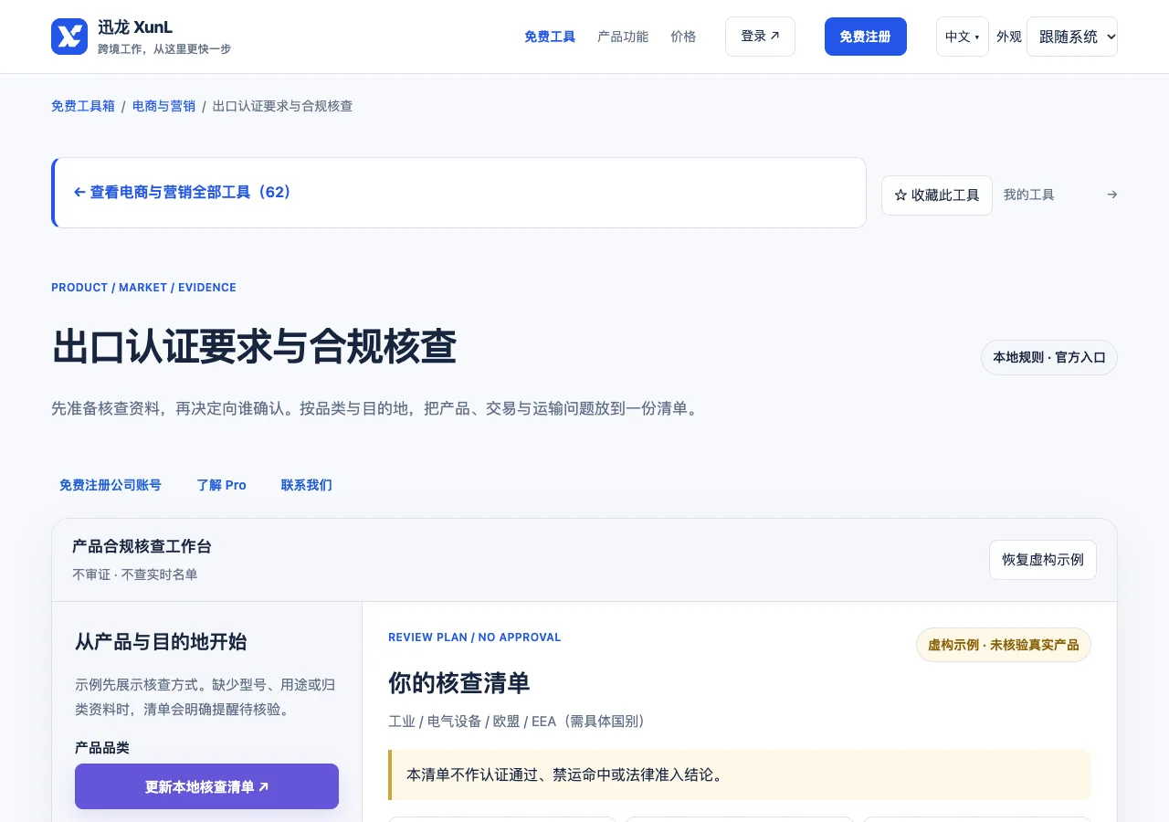 出口认证要求与合规核查的输入与操作界面