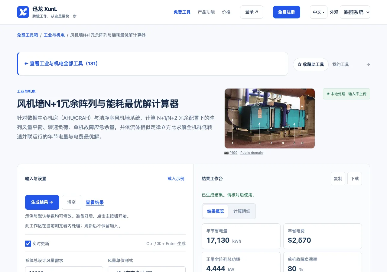 风机墙N+1冗余阵列与能耗最优解计算器的输入与操作界面