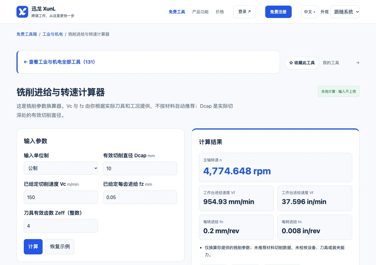 铣削进给与转速计算器的输入与操作界面