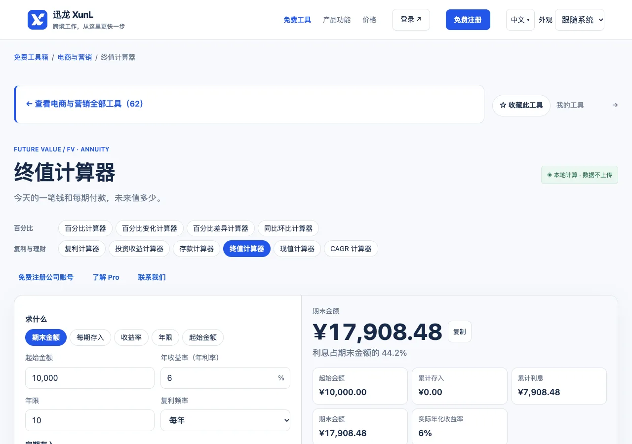 终值计算器的输入与操作界面