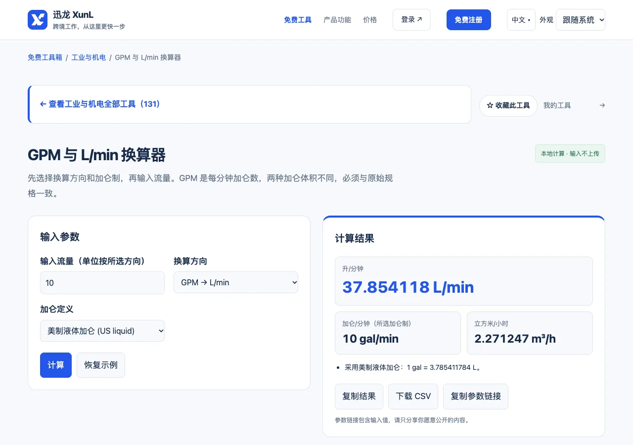 GPM 与 L/min 换算器的输入与操作界面