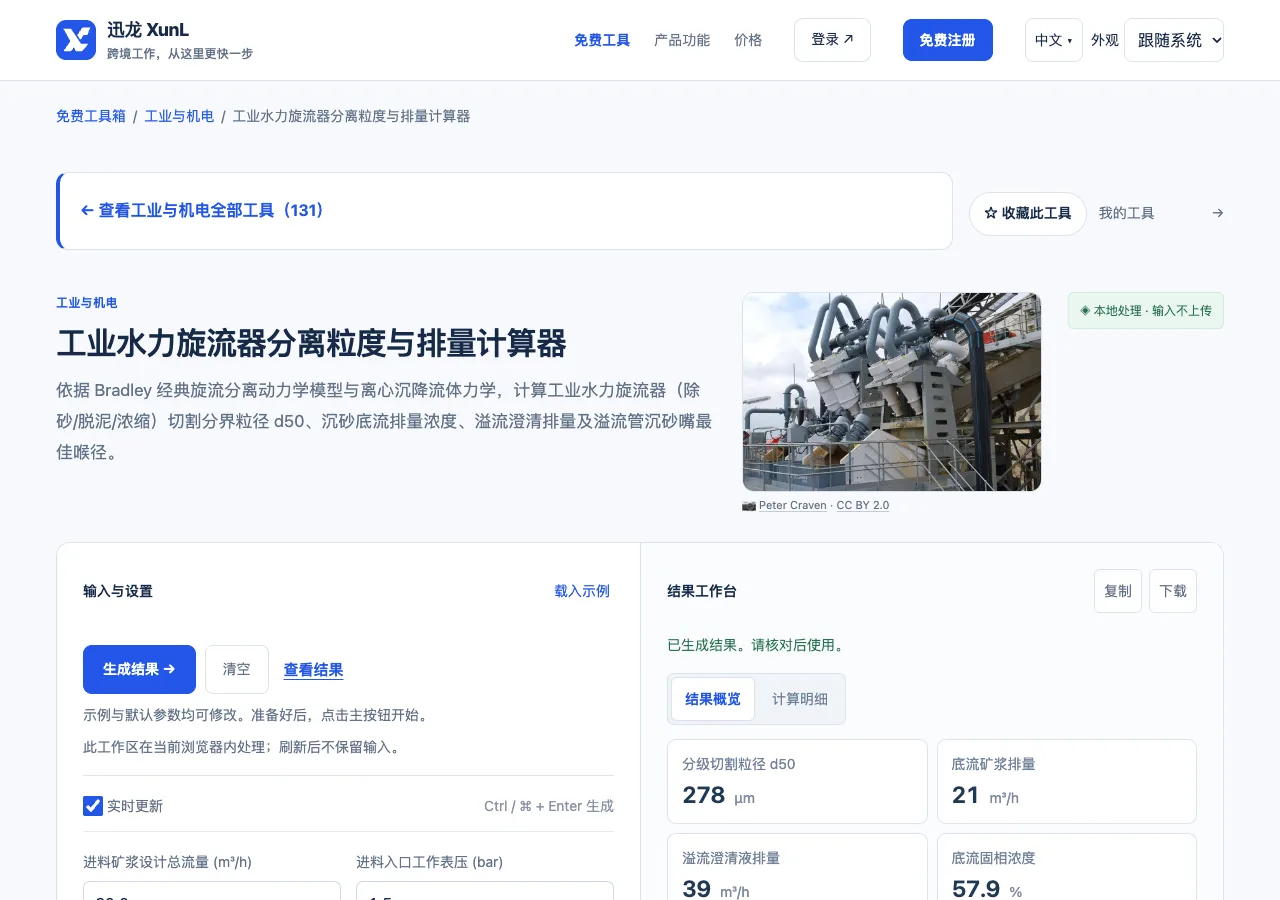 工业水力旋流器分离粒度与排量计算器的输入与操作界面