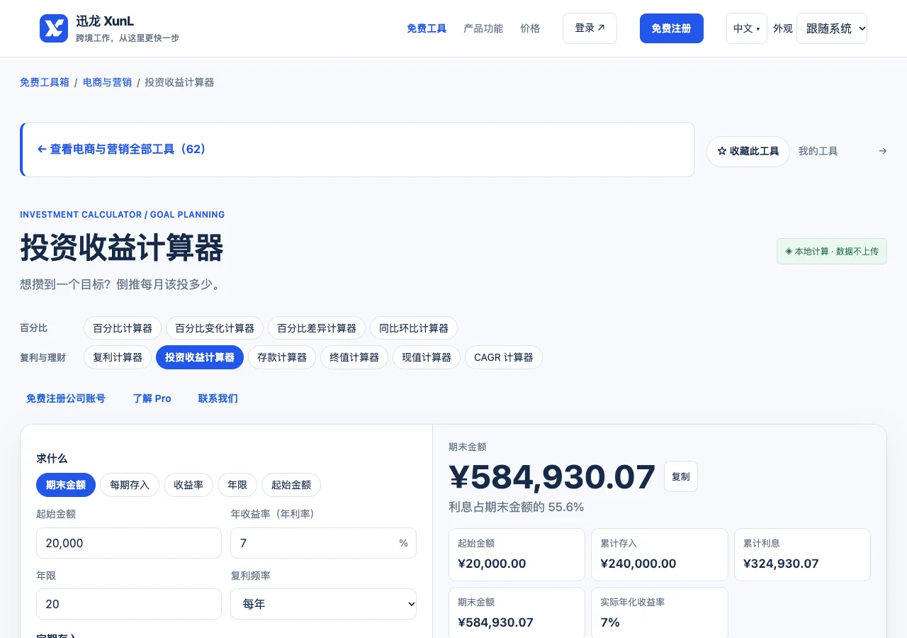 投资收益计算器的输入与操作界面