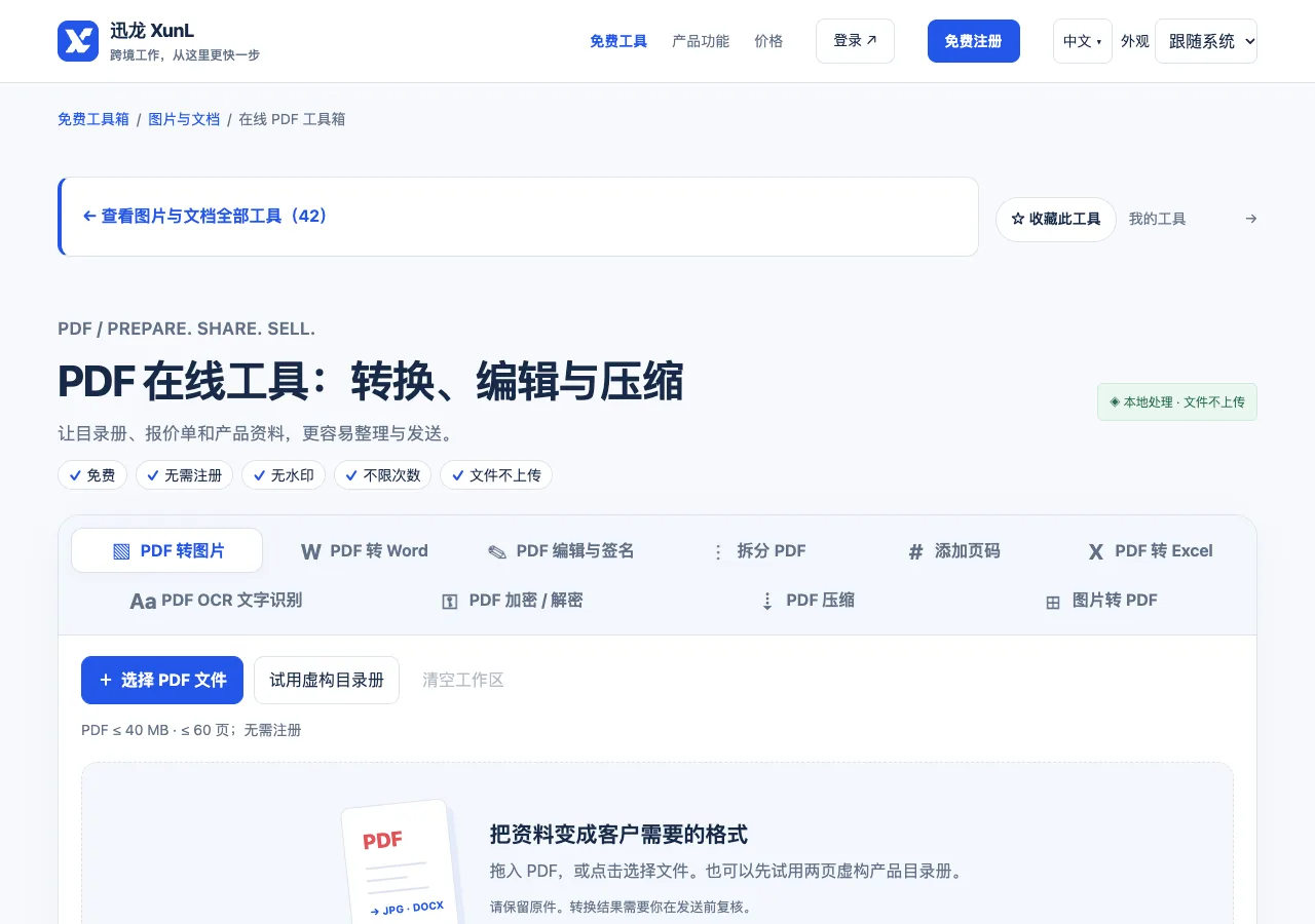 在线 PDF 工具箱的输入与操作界面