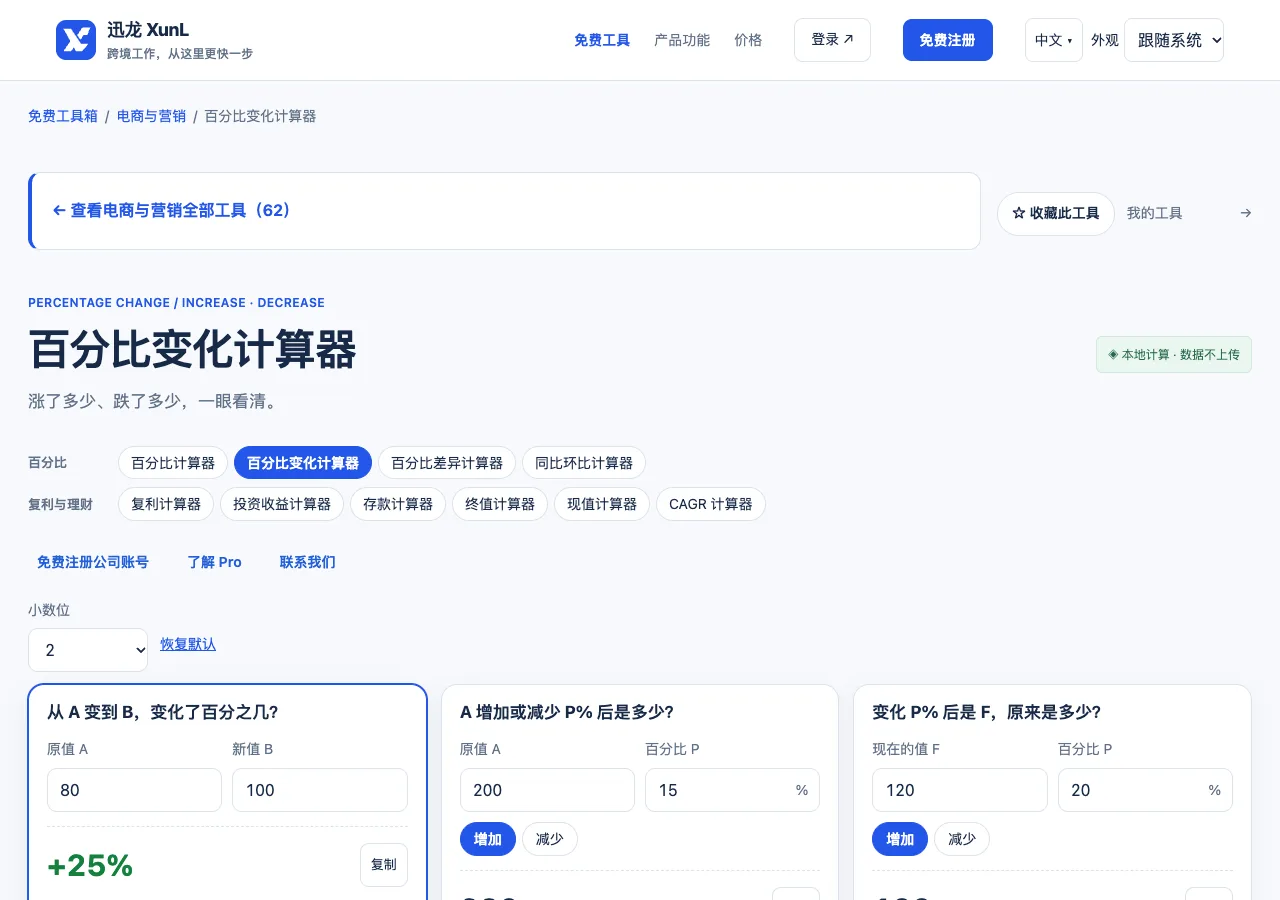 百分比变化计算器的输入与操作界面