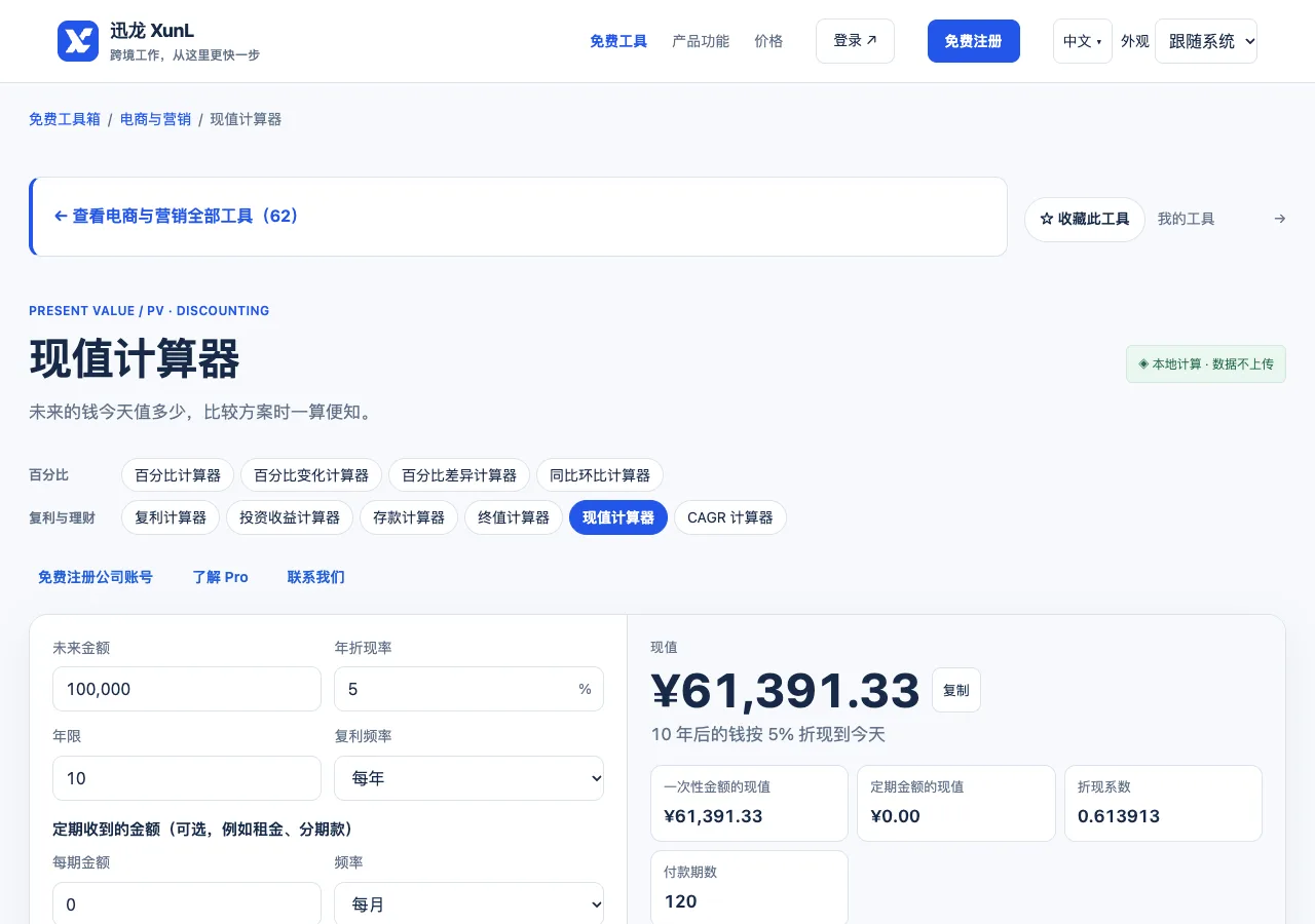 现值计算器的输入与操作界面