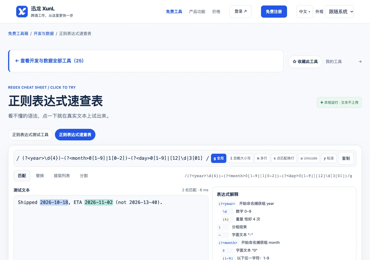 正则表达式速查表的输入与操作界面