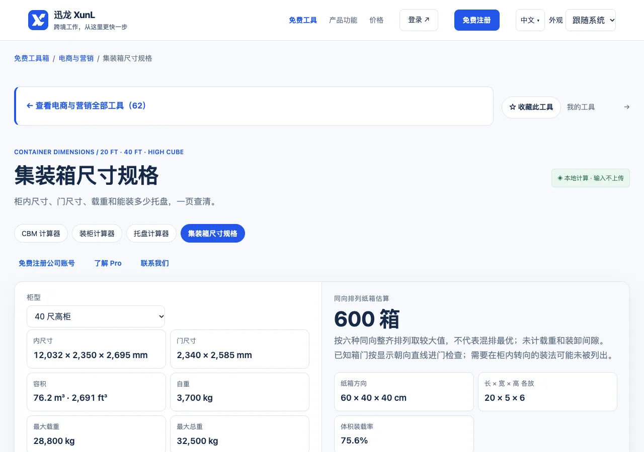 集装箱尺寸规格的输入与操作界面
