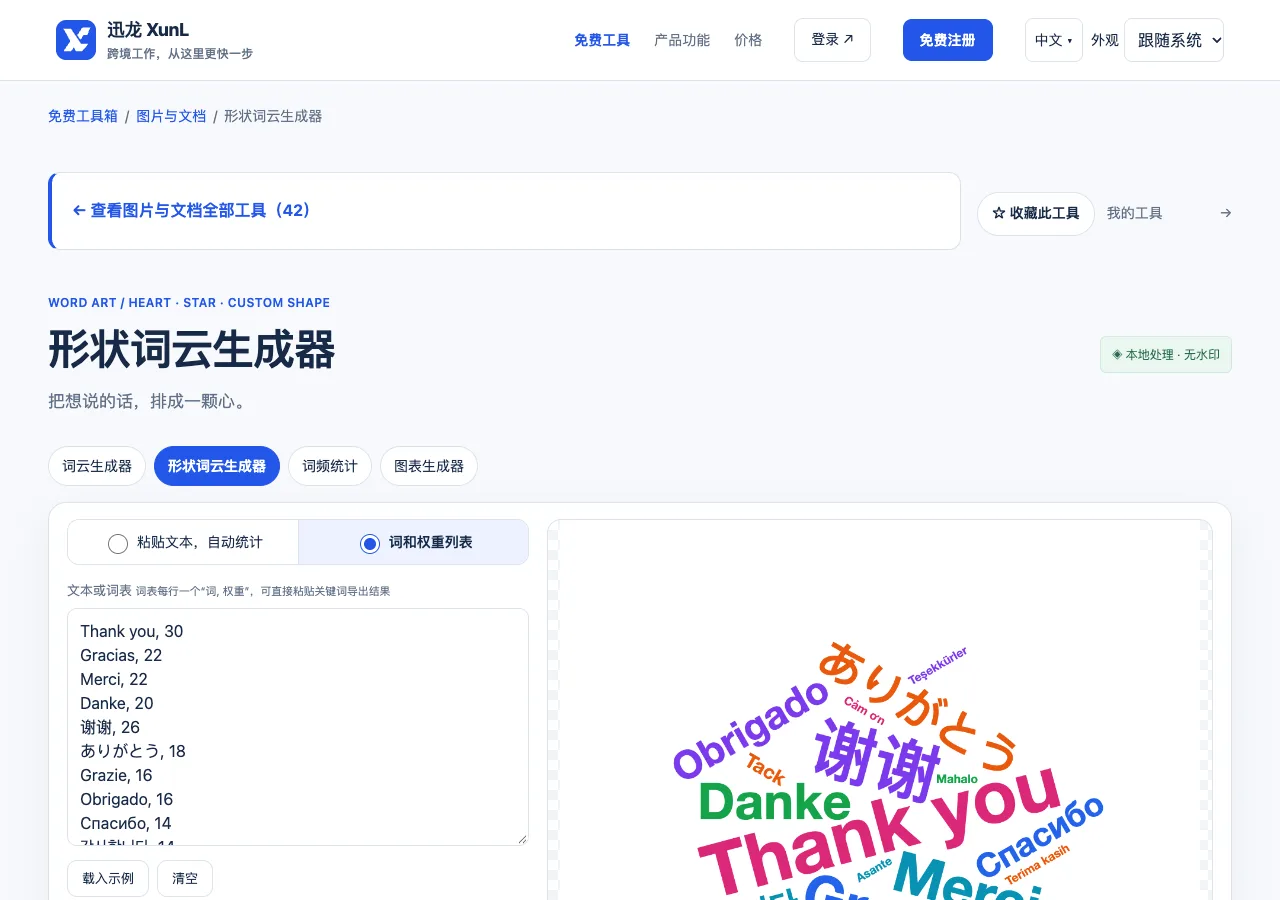 形状词云生成器的输入与操作界面